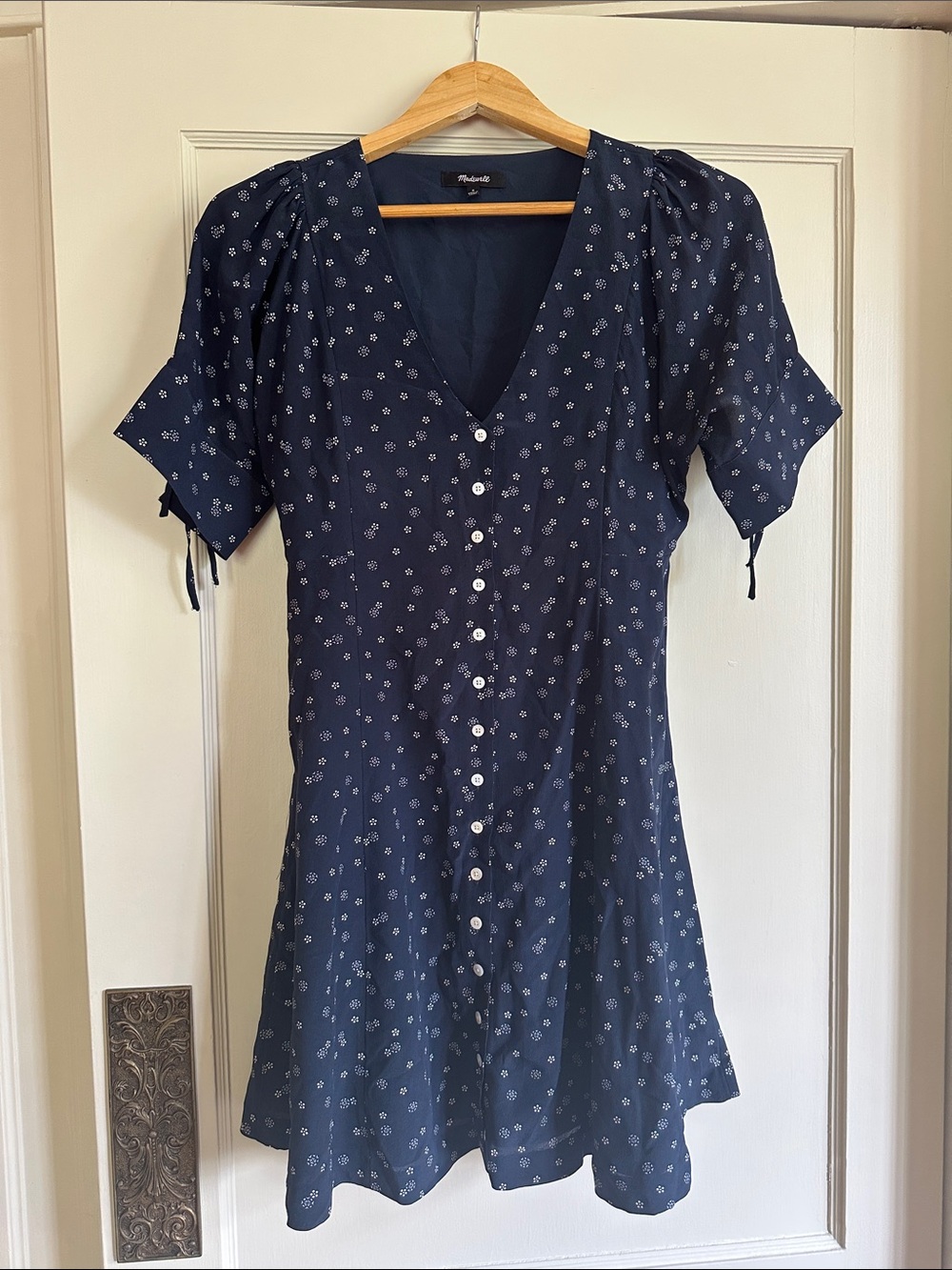 Madewell Silk Navy Floral Button-Front V-Neck Dress